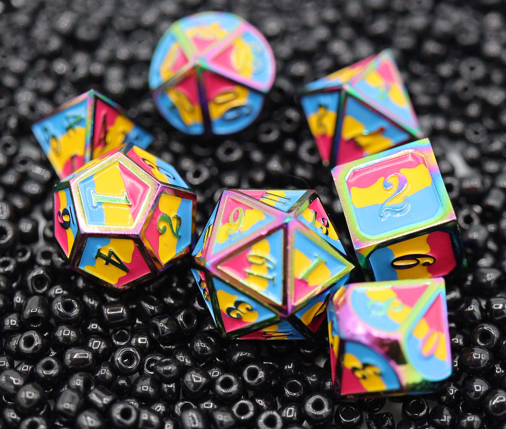 Pansexual Pride Flag - Metal RPG Dice Set Metal Dice Foam Brain Games