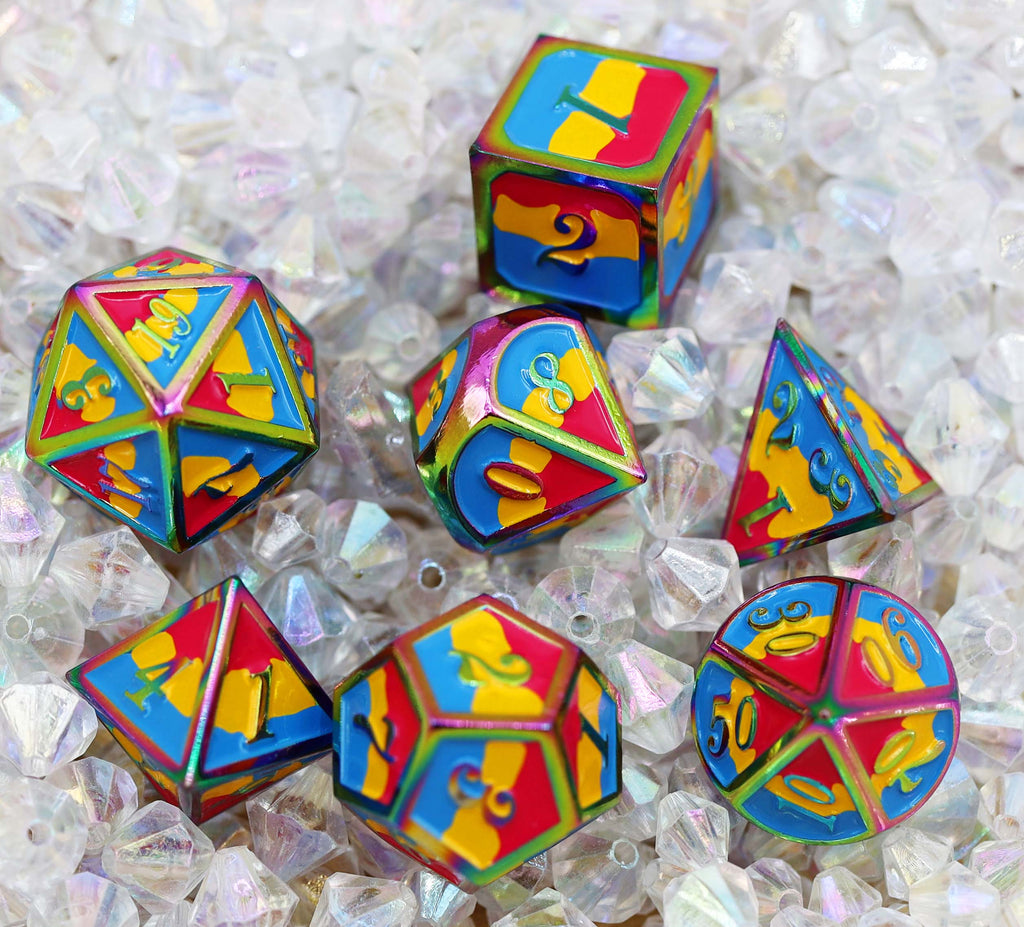 Pansexual Pride Flag - Metal RPG Dice Set Metal Dice Foam Brain Games