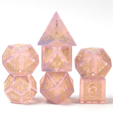 Pink Opalite with Runes - Engraved with Gold Stone Dice Foam Brain Games