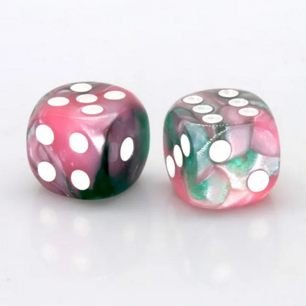 12 piece Pip D6s - Pink and Green Pearlescent Plastic Dice Foam Brain Games