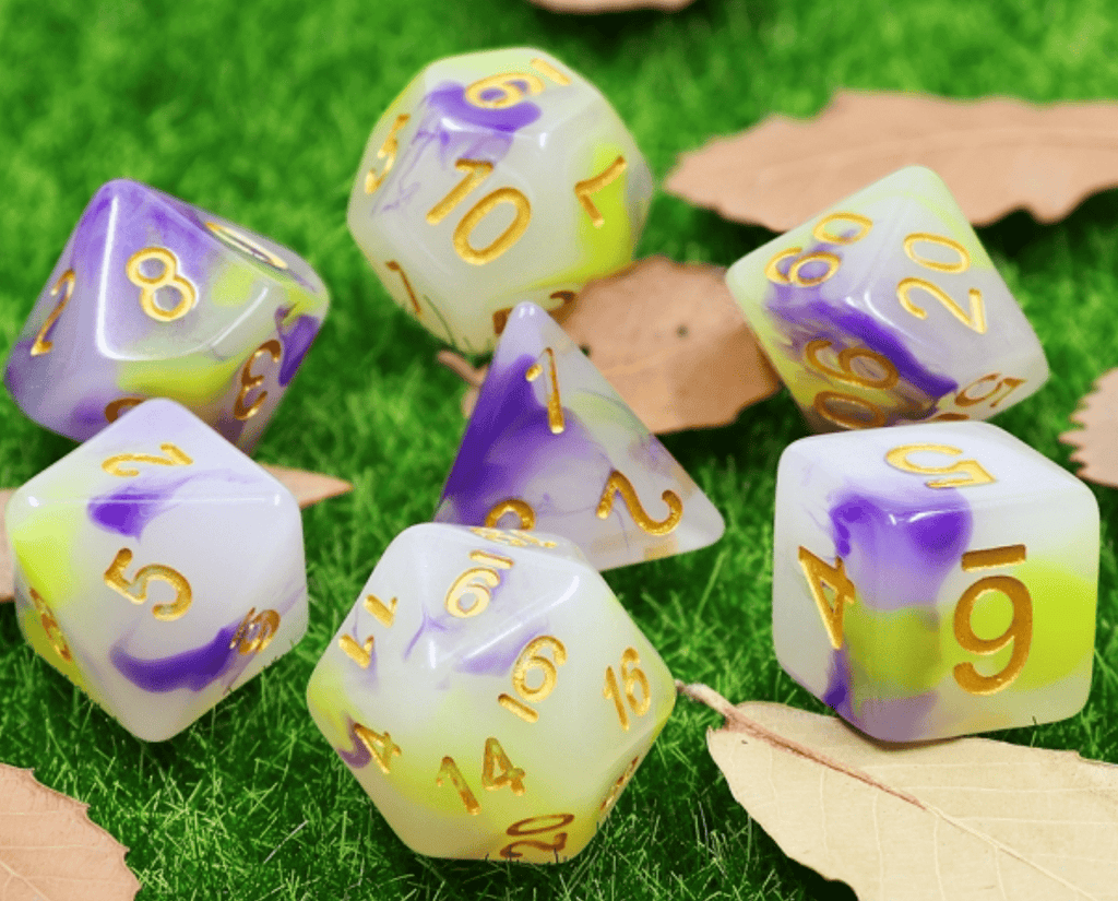 Yellow & Purple Jade RPG Dice Set Plastic Dice Foam Brain Games