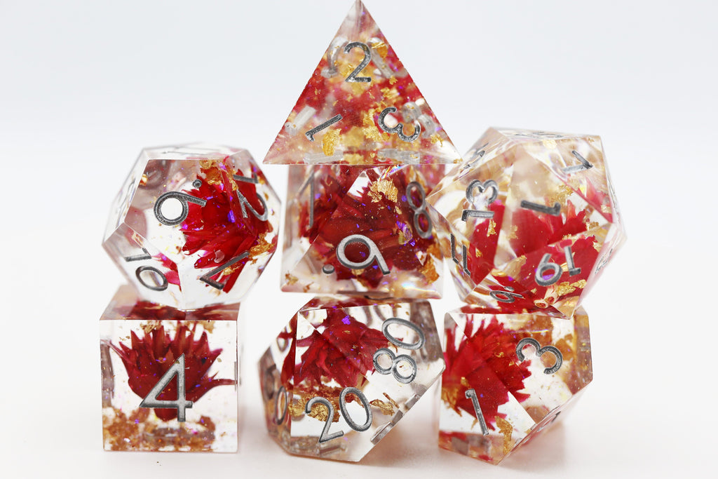 Sharp Edge Resin RPG Dice Set - Red Lotus Plastic Dice Foam Brain Games