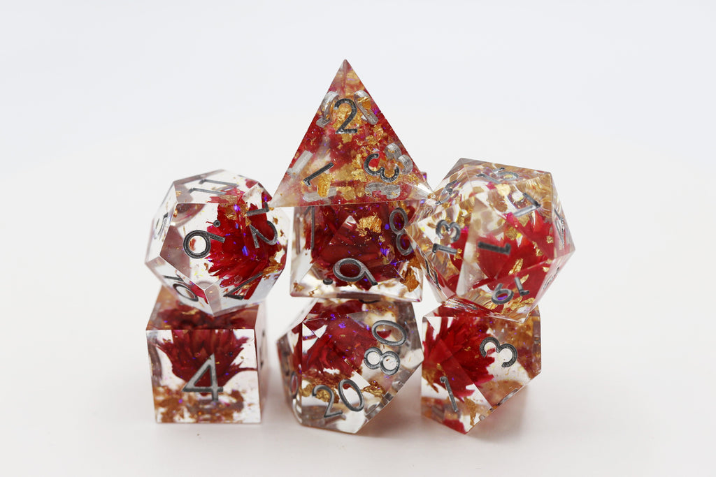 Sharp Edge Resin RPG Dice Set - Red Lotus Plastic Dice Foam Brain Games