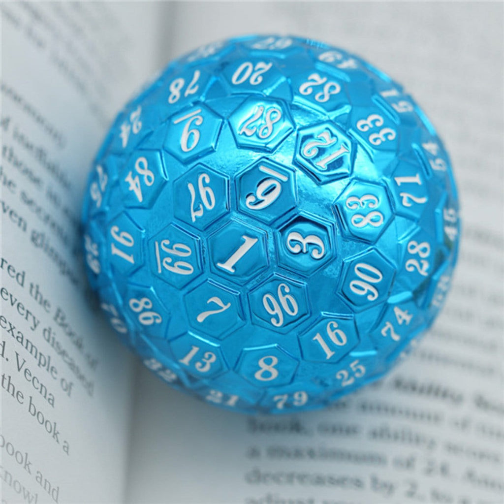 45mm Metal D100 - Blue with White Font Metal Dice Foam Brain Games