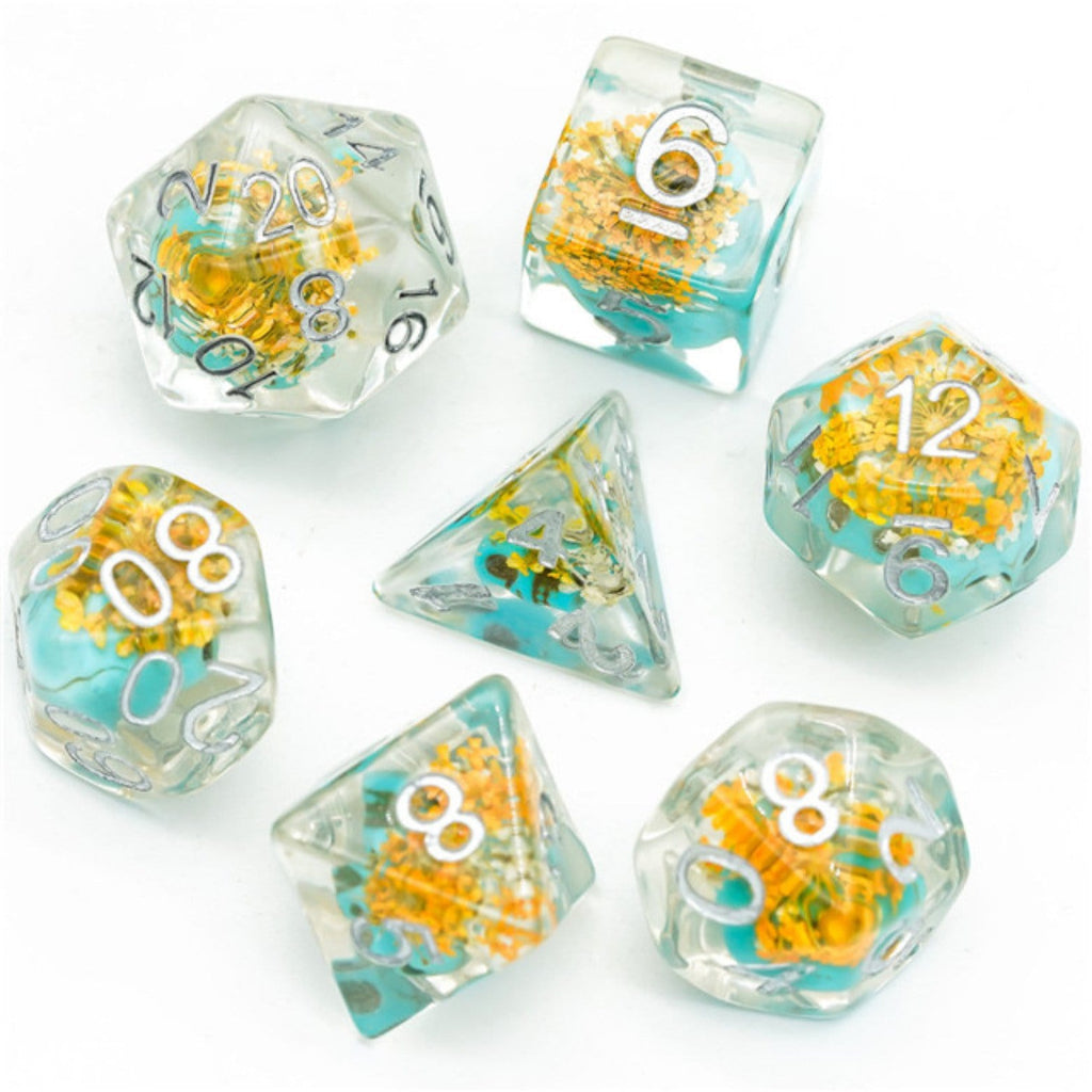 Yellow Flower with Blue Skull RPG Dice Set Plastic Dice Foam Brain Games