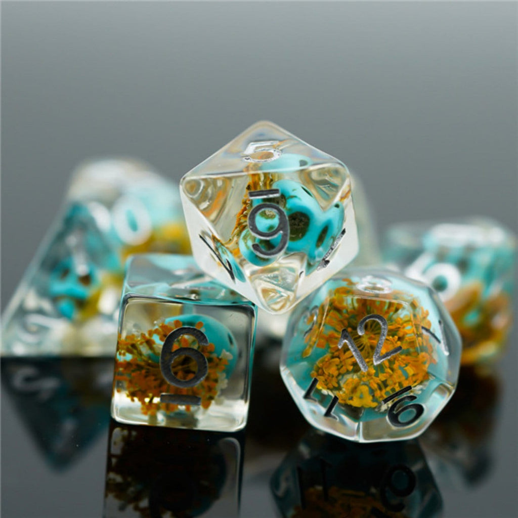 Yellow Flower with Blue Skull RPG Dice Set Plastic Dice Foam Brain Games