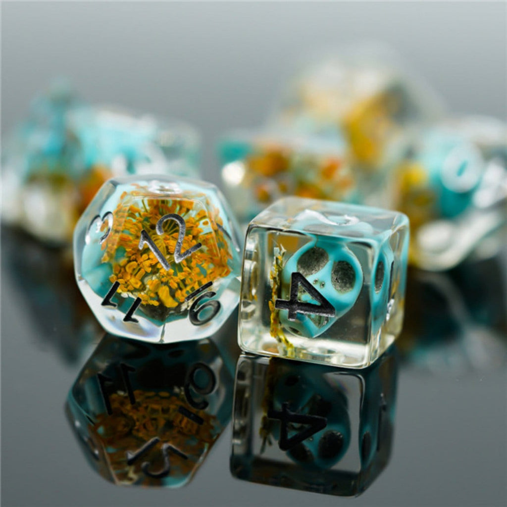 Yellow Flower with Blue Skull RPG Dice Set Plastic Dice Foam Brain Games