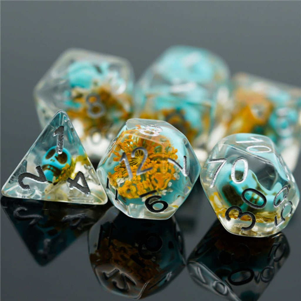 Yellow Flower with Blue Skull RPG Dice Set Plastic Dice Foam Brain Games