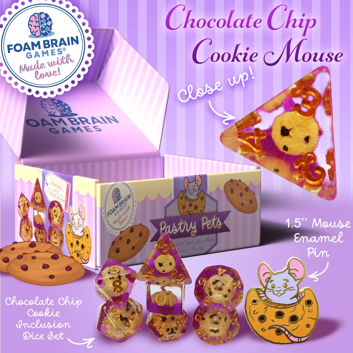 Pastry Pets: Chocolate Chip Cookie Mouse - Pin & RPG Dice Set Plastic Dice & Pin Set Foam Brain Games