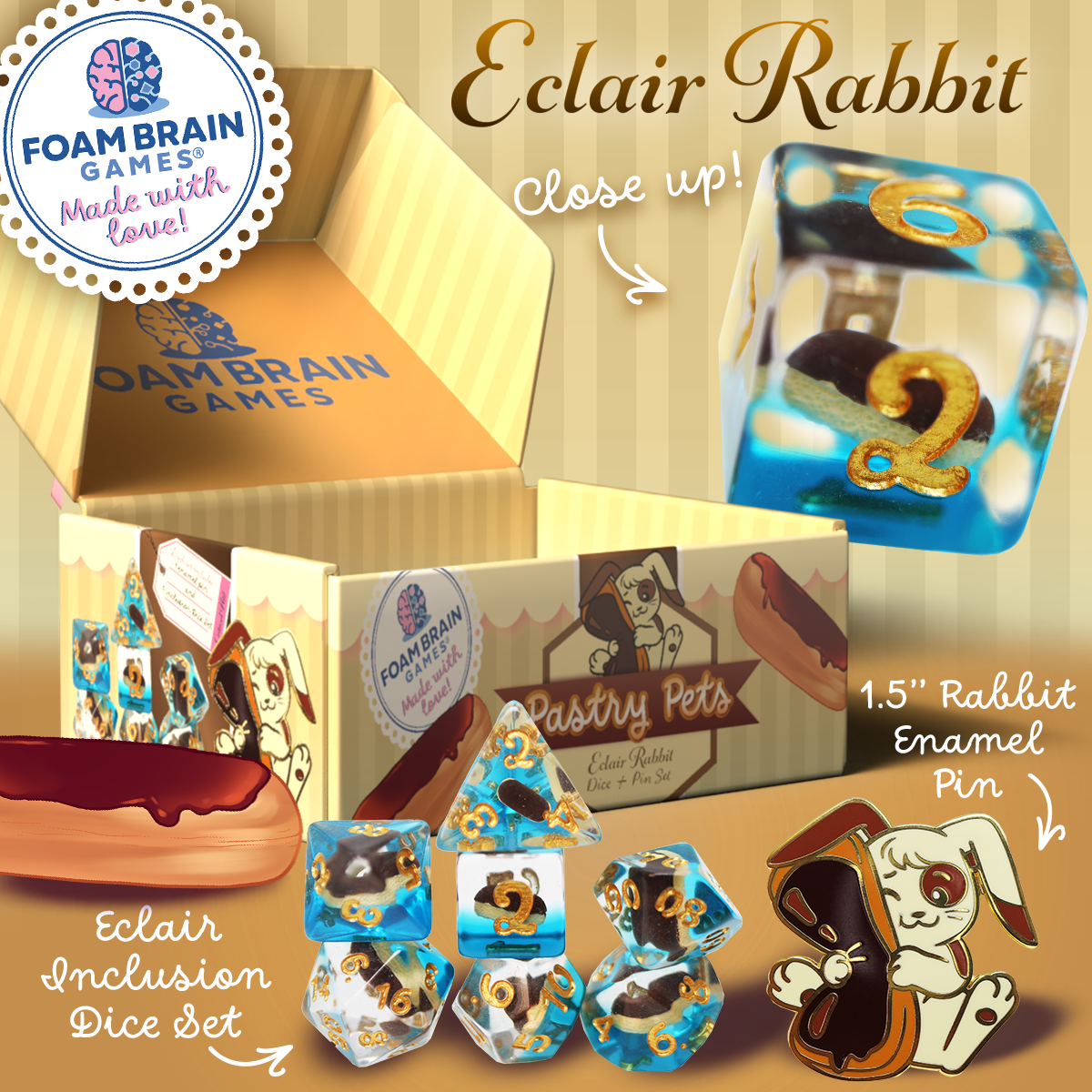 Pastry Pets: Eclair Rabbit - Pin & RPG Dice Set Plastic Dice & Pin Set Foam Brain Games