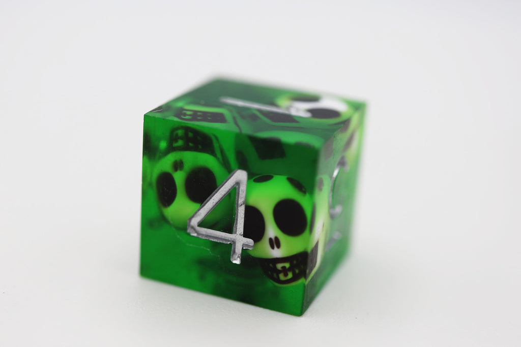 Sharp Edge Resin RPG Dice Set - Green Skulls Plastic Dice Foam Brain Games