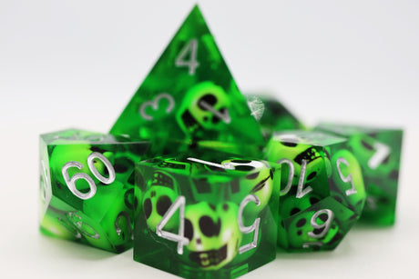 Sharp Edge Resin RPG Dice Set - Green Skulls Plastic Dice Foam Brain Games