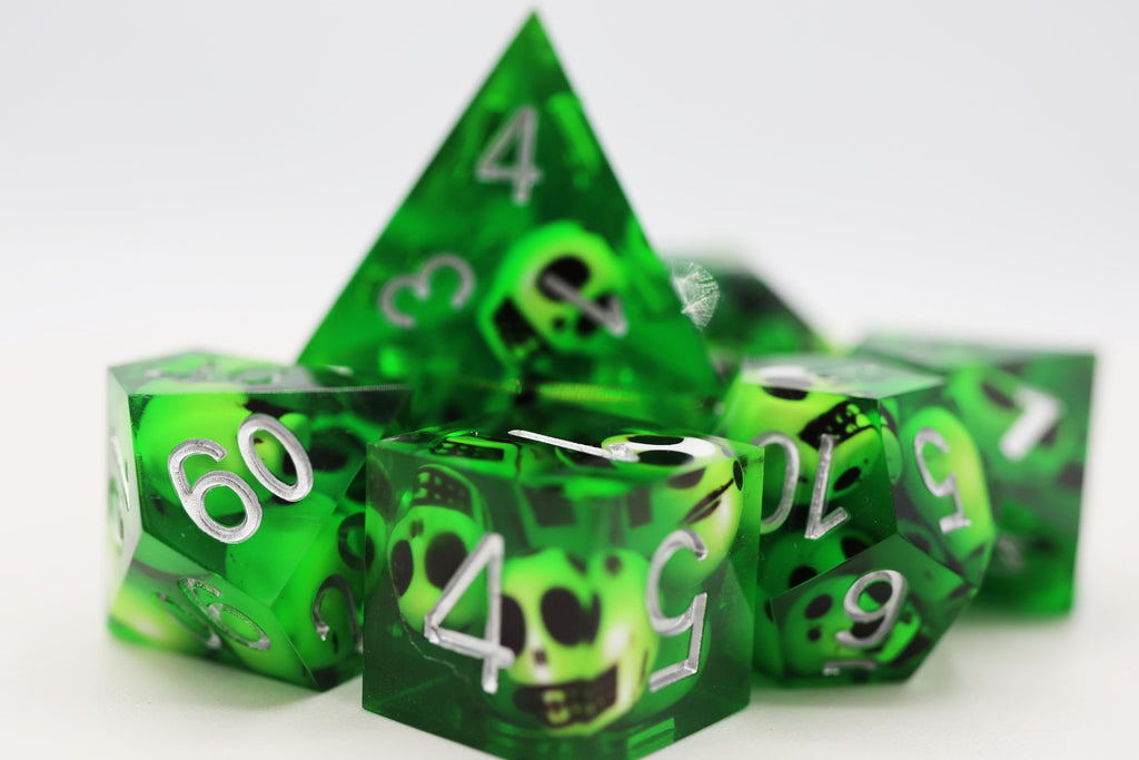 Sharp Edge Resin RPG Dice Set - Green Skulls Plastic Dice Foam Brain Games