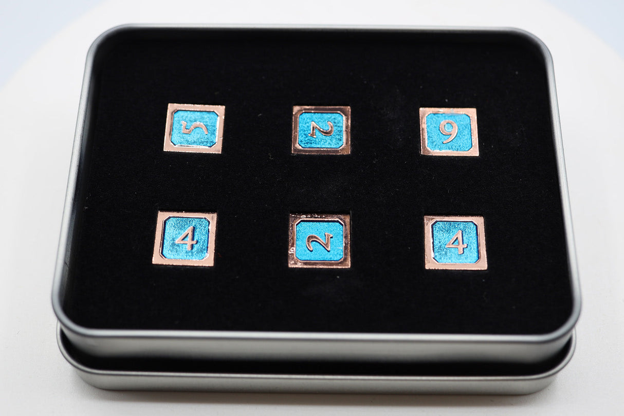 6 piece Metal D6s - Blue and Copper Metal Dice Foam Brain Games