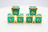 6 piece Metal D6s - Teal and Gold Metal Dice Foam Brain Games