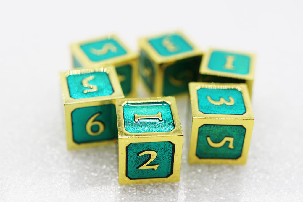 6 piece Metal D6s - Teal and Gold Metal Dice Foam Brain Games