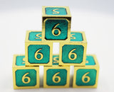 6 piece Metal D6s - Teal and Gold Metal Dice Foam Brain Games