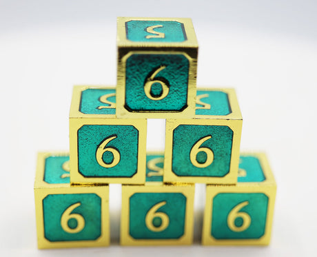 6 piece Metal D6s - Teal and Gold Metal Dice Foam Brain Games