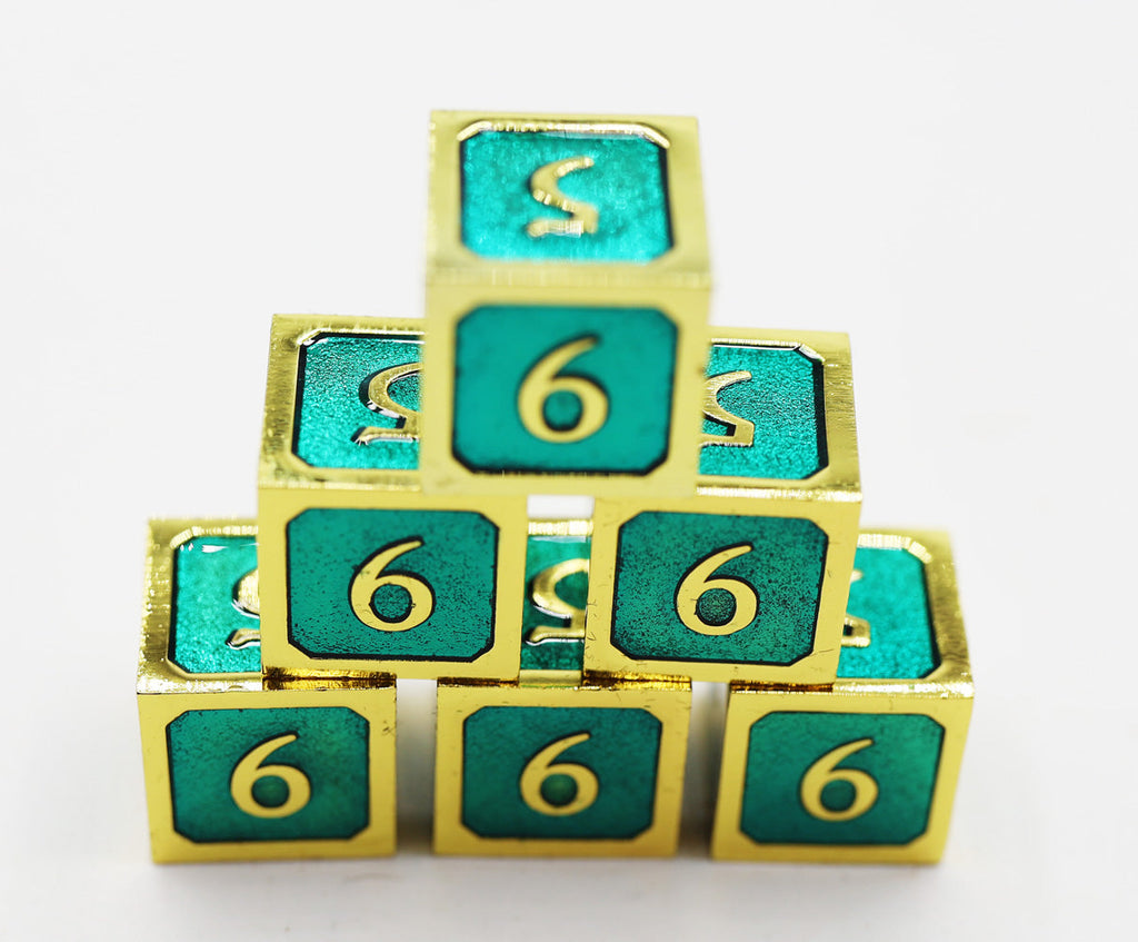 6 piece Metal D6s - Teal and Gold Metal Dice Foam Brain Games