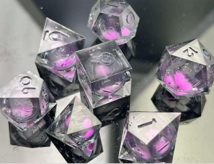 Sharp Edge Glow in the Dark Liquid Core RPG Dice Set - Violet Glimmer Plastic Dice Foam Brain Games