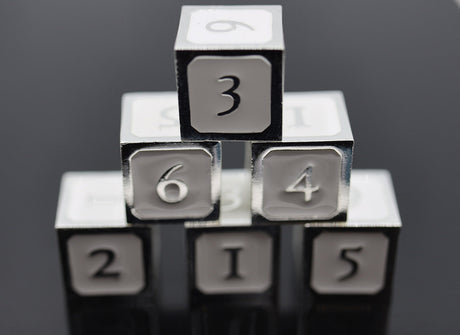 6 piece Metal D6s - White and Silver Metal Dice Foam Brain Games