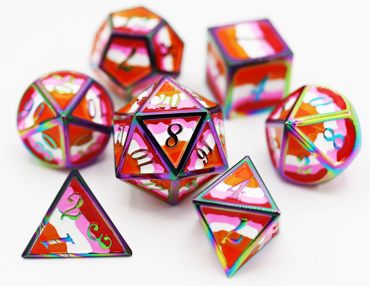 Lesbian Pride Flag - Metal RPG Dice Set Metal Dice Foam Brain Games