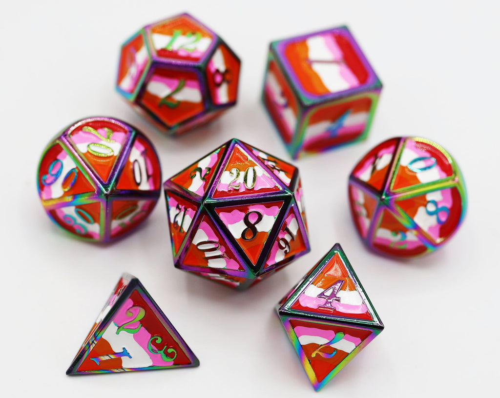 Lesbian Pride Flag - Metal RPG Dice Set Metal Dice Foam Brain Games