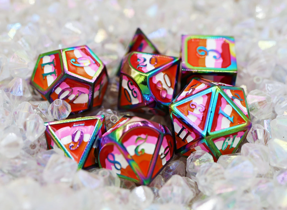 Lesbian Pride Flag - Metal RPG Dice Set Metal Dice Foam Brain Games