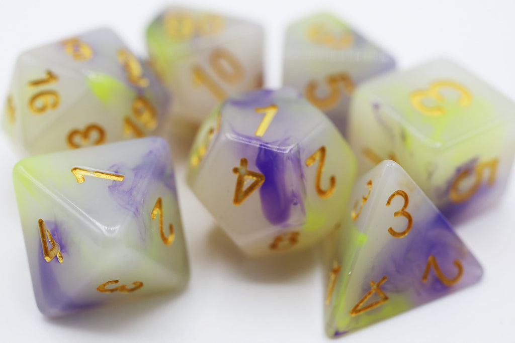 Yellow & Purple Jade RPG Dice Set Plastic Dice Foam Brain Games