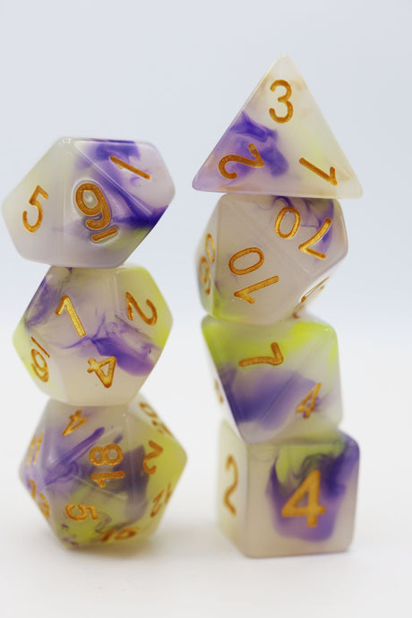 Yellow & Purple Jade RPG Dice Set Plastic Dice Foam Brain Games