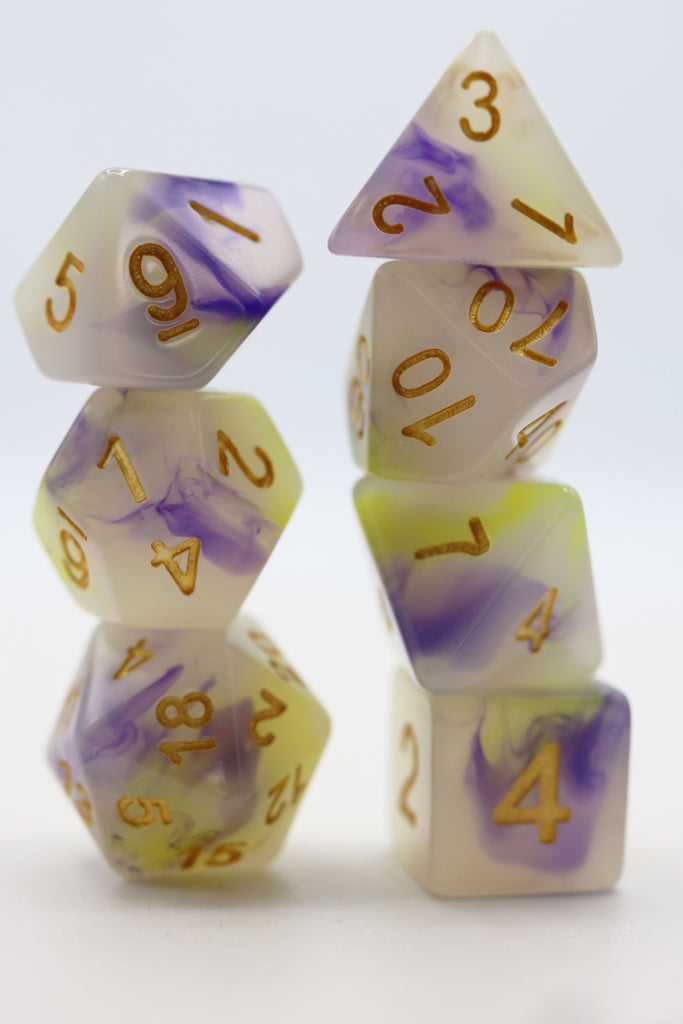 Yellow & Purple Jade RPG Dice Set Plastic Dice Foam Brain Games