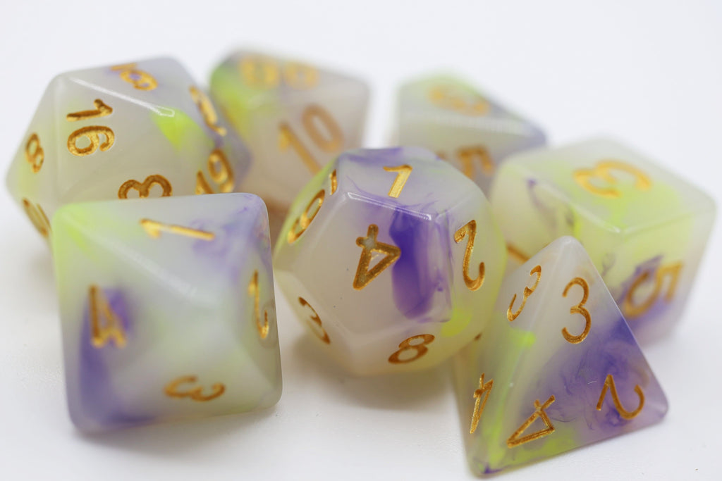 Yellow & Purple Jade RPG Dice Set Plastic Dice Foam Brain Games