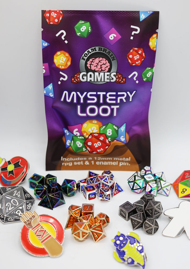 Epic Mystery Loot: Mini Metal RPG Set + Enamel Pin Metal Dice Foam Brain Games