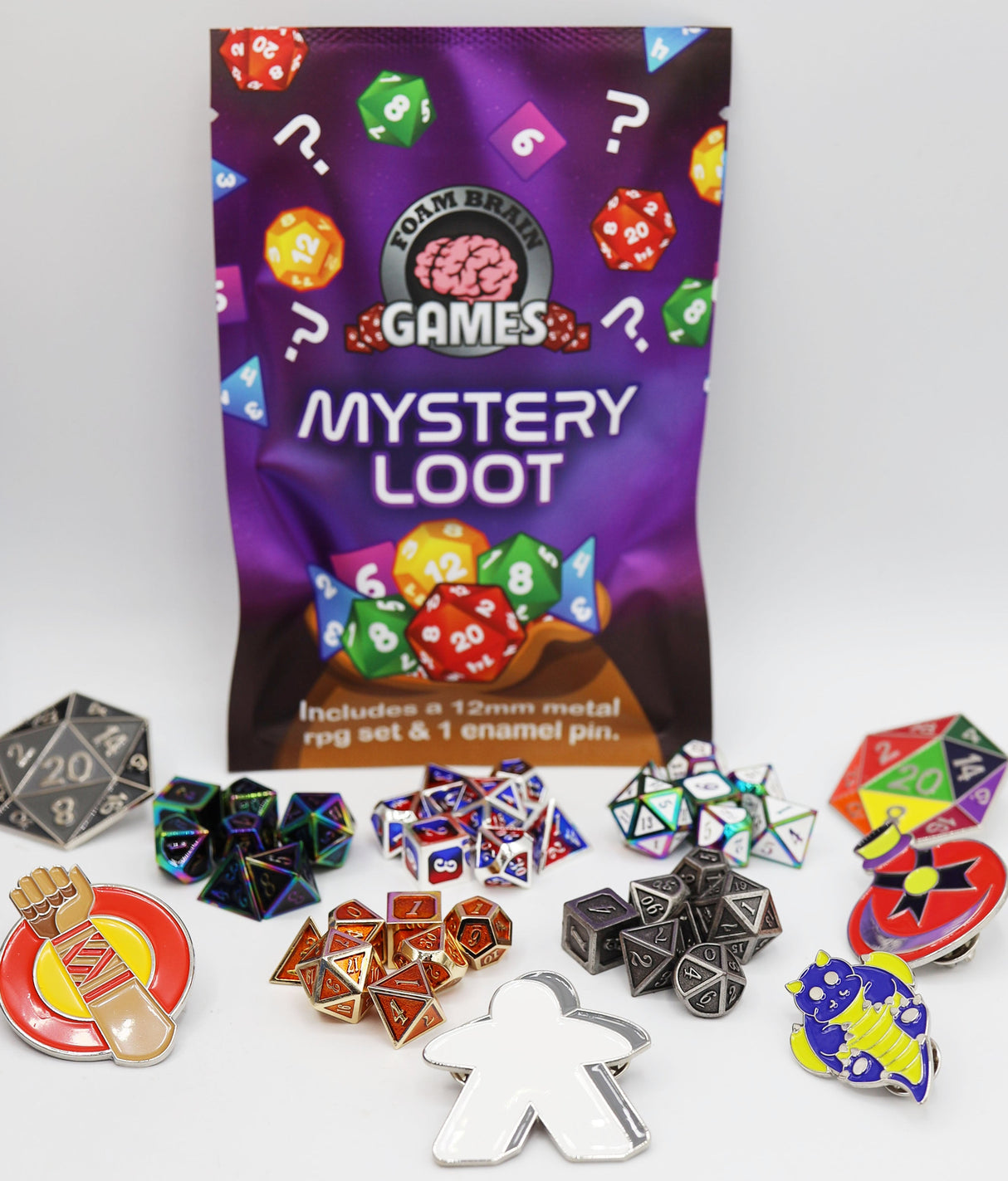 Epic Mystery Loot: Mini Metal RPG Set + Enamel Pin Metal Dice Foam Brain Games