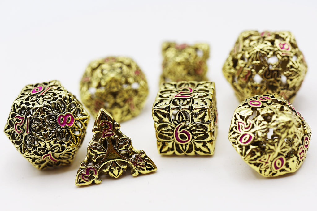 Fleur de Lis: Gilded Magenta - Hollow Metal RPG Dice Set Metal Dice Foam Brain Games