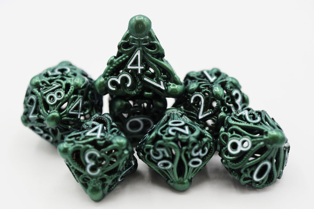 Mind Eater: Green - Hollow Metal RPG Dice Set Metal Dice Foam Brain Games