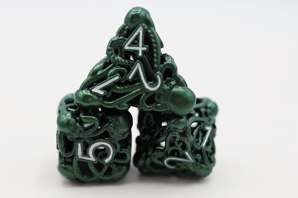 Mind Eater: Green - Hollow Metal RPG Dice Set Metal Dice Foam Brain Games