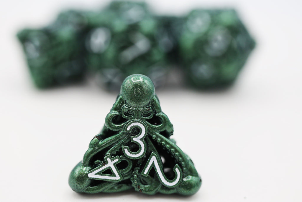 Mind Eater: Green - Hollow Metal RPG Dice Set Metal Dice Foam Brain Games