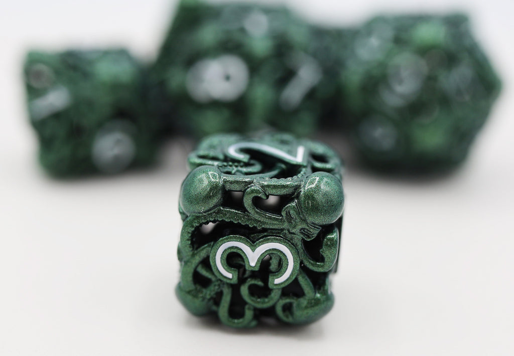 Mind Eater: Green - Hollow Metal RPG Dice Set Metal Dice Foam Brain Games