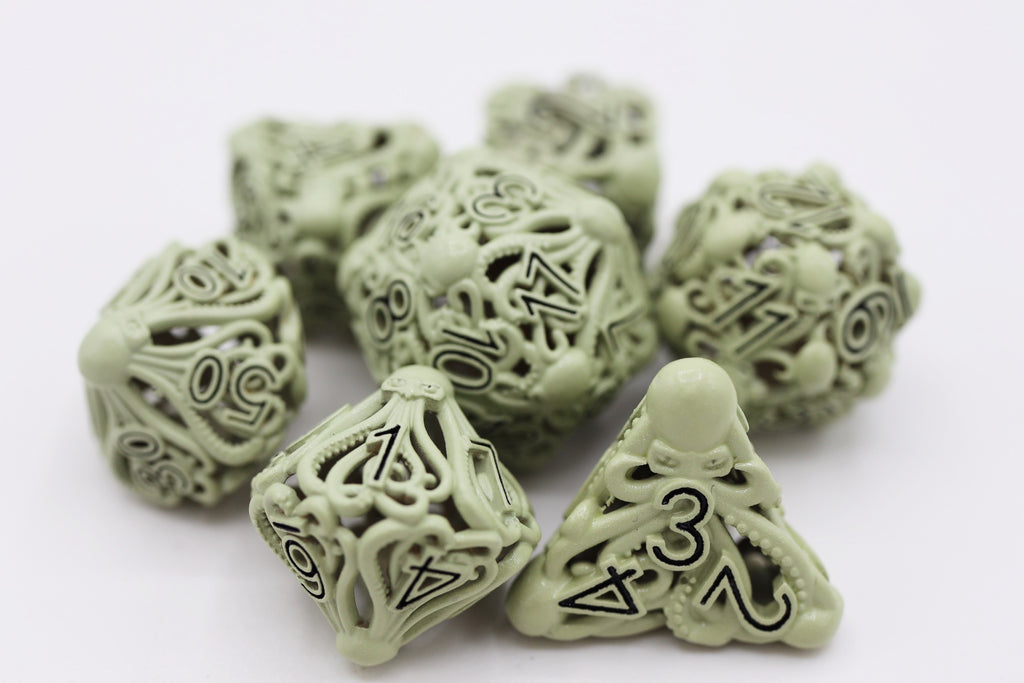 Mind Eater: Glow Green - Hollow Metal RPG Dice Set Metal Dice Foam Brain Games