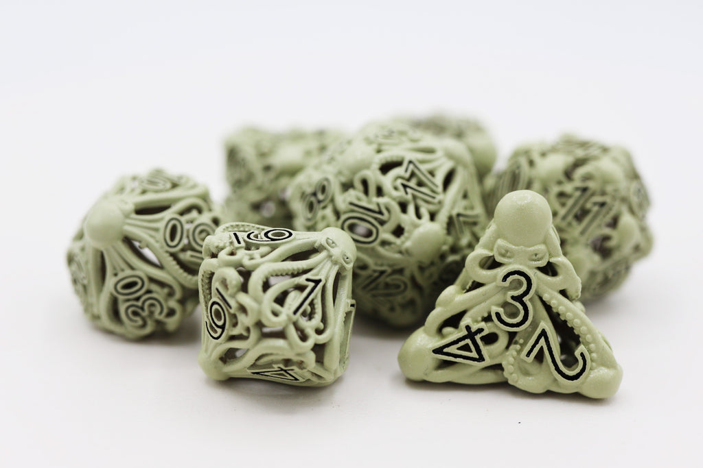 Mind Eater: Glow Green - Hollow Metal RPG Dice Set Metal Dice Foam Brain Games