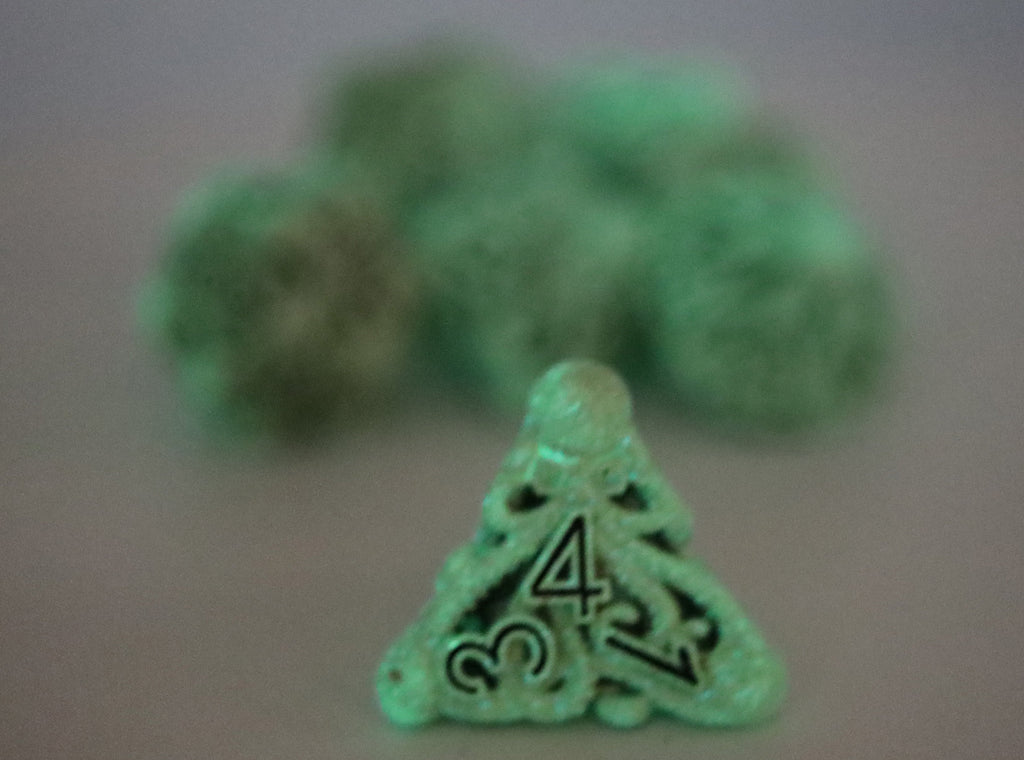 Mind Eater: Glow Green - Hollow Metal RPG Dice Set Metal Dice Foam Brain Games