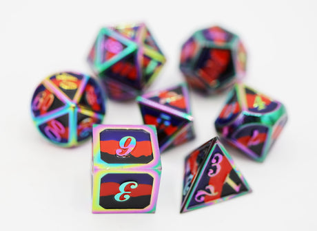 Polyamorous Pride Flag - Metal RPG Dice Set Metal Dice Foam Brain Games