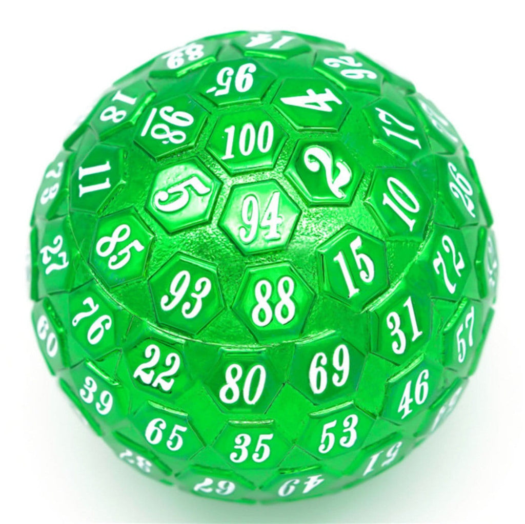 45mm Metal D100 - Green with White Font Metal Dice Foam Brain Games