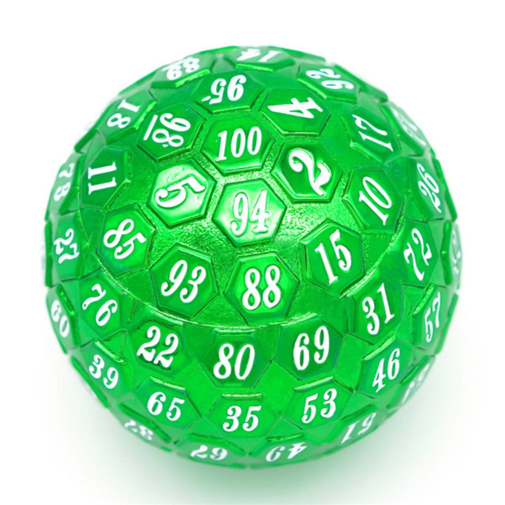 45mm Metal D100 - Green with White Font Metal Dice Foam Brain Games