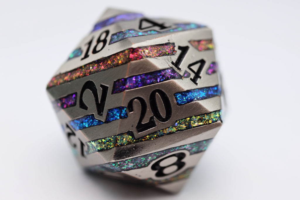 35mm Metal D20 - Silver with Rainbow Mica Metal Dice Foam Brain Games