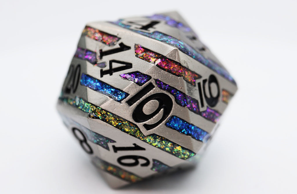 35mm Metal D20 - Silver with Rainbow Mica Metal Dice Foam Brain Games