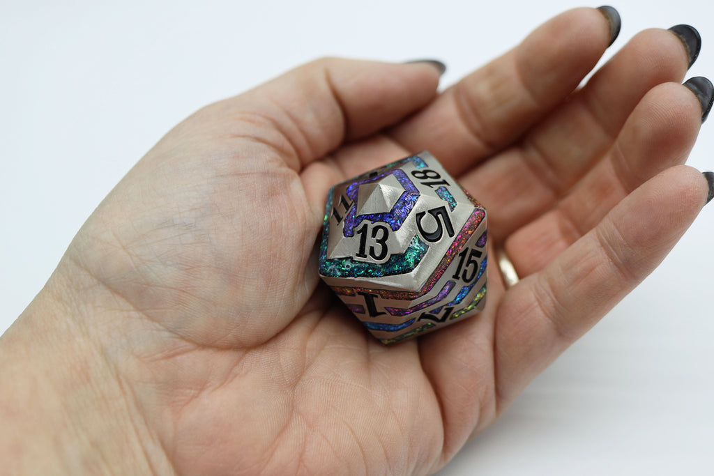 35mm Metal D20 - Silver with Rainbow Mica Metal Dice Foam Brain Games