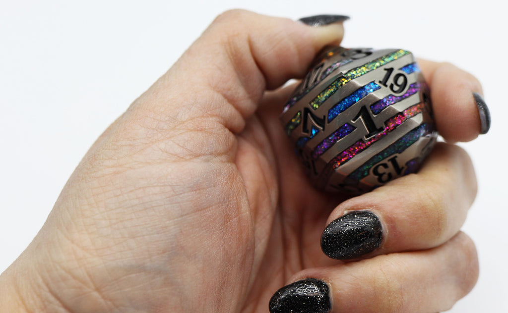 35mm Metal D20 - Silver with Rainbow Mica Metal Dice Foam Brain Games