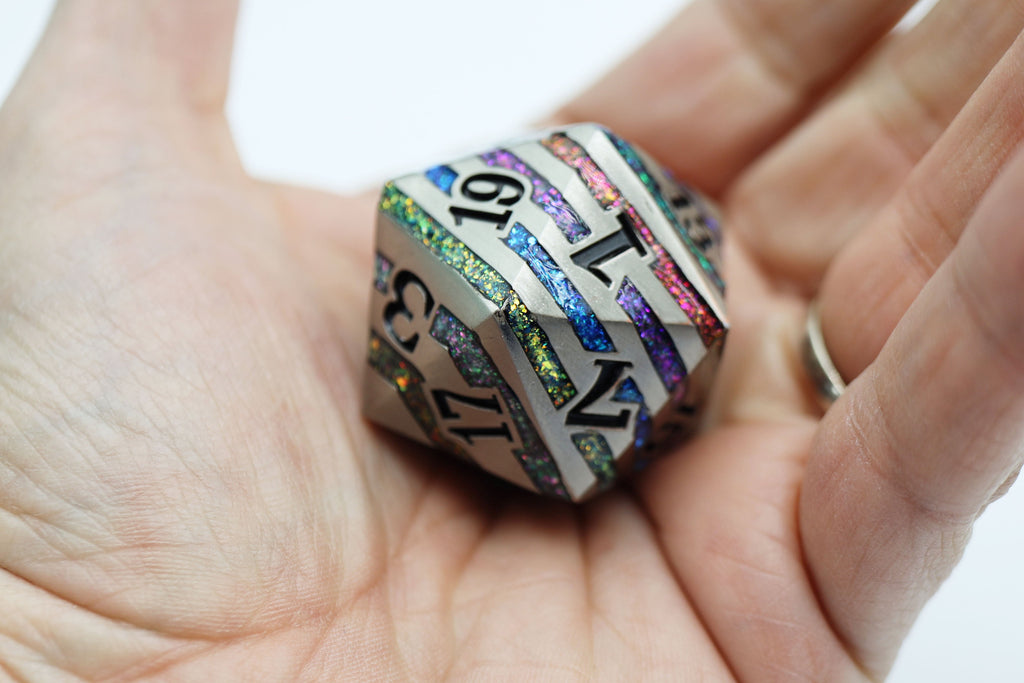 35mm Metal D20 - Silver with Rainbow Mica Metal Dice Foam Brain Games